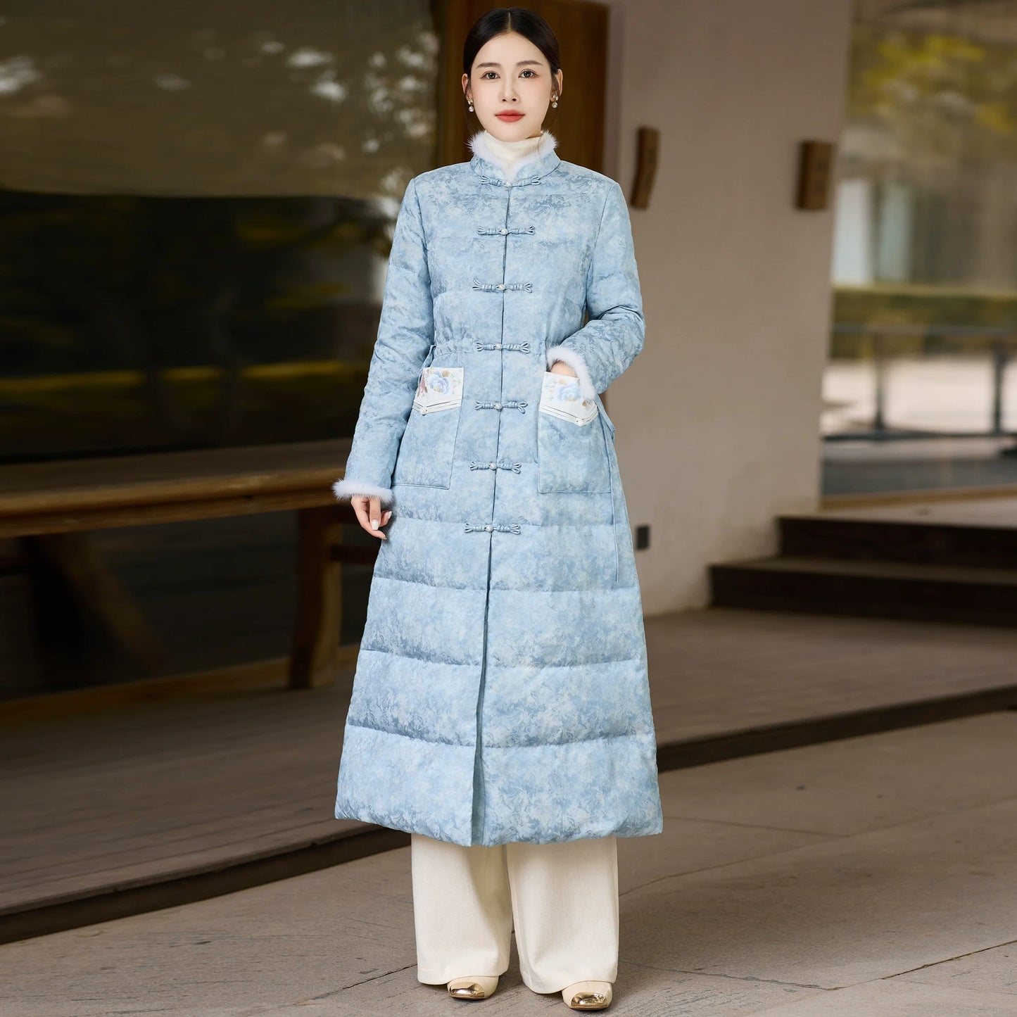 Pine Smoke 松烟客 - Sky Blue Down Coat for Women with Frog Buttons, Qipao-Inspired Winter Outerwear