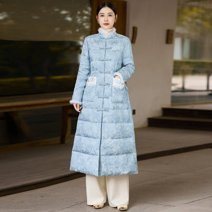Pine Smoke 松烟客 - Sky Blue Down Coat for Women with Frog Buttons, Qipao-Inspired Winter Outerwear