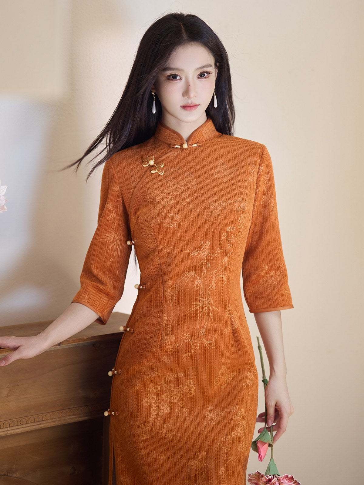Mid Sleeve Floral Cheongsam | Evening Sun