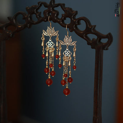 Blooming Lotus Red Agate Bridal Earrings | Hanfu Jewelry