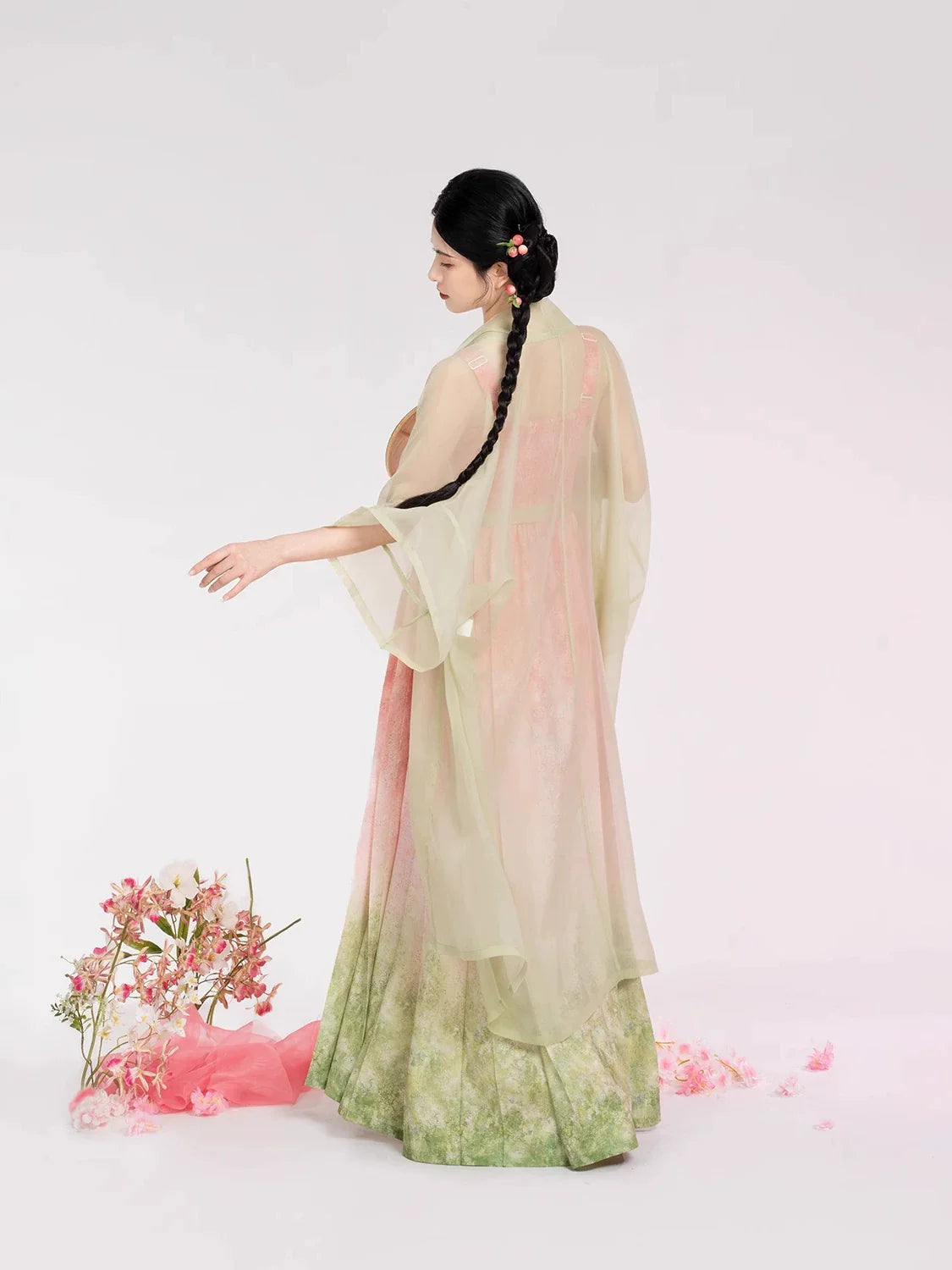 Song Dynasty Modern Hanfu Set with Changgan Temple Beizi and Mamian Slip Dress - Peach Willow Branch 桃柳枝 (Preorder)