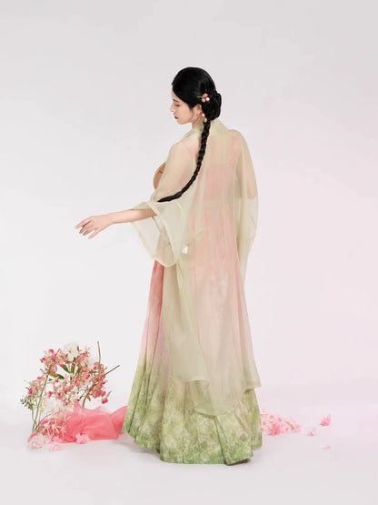 Song Dynasty Modern Hanfu Set with Changgan Temple Beizi and Mamian Slip Dress - Peach Willow Branch 桃柳枝 (Preorder)