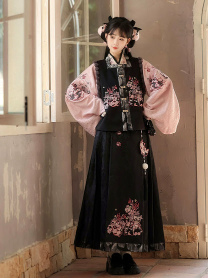 Painted Grace 粉墨千金 - Modern Hanfu Set with Cross-Collar Top, Vest, and Mamian Skirt, Daily New Chinese Style Outfit (Preorder)