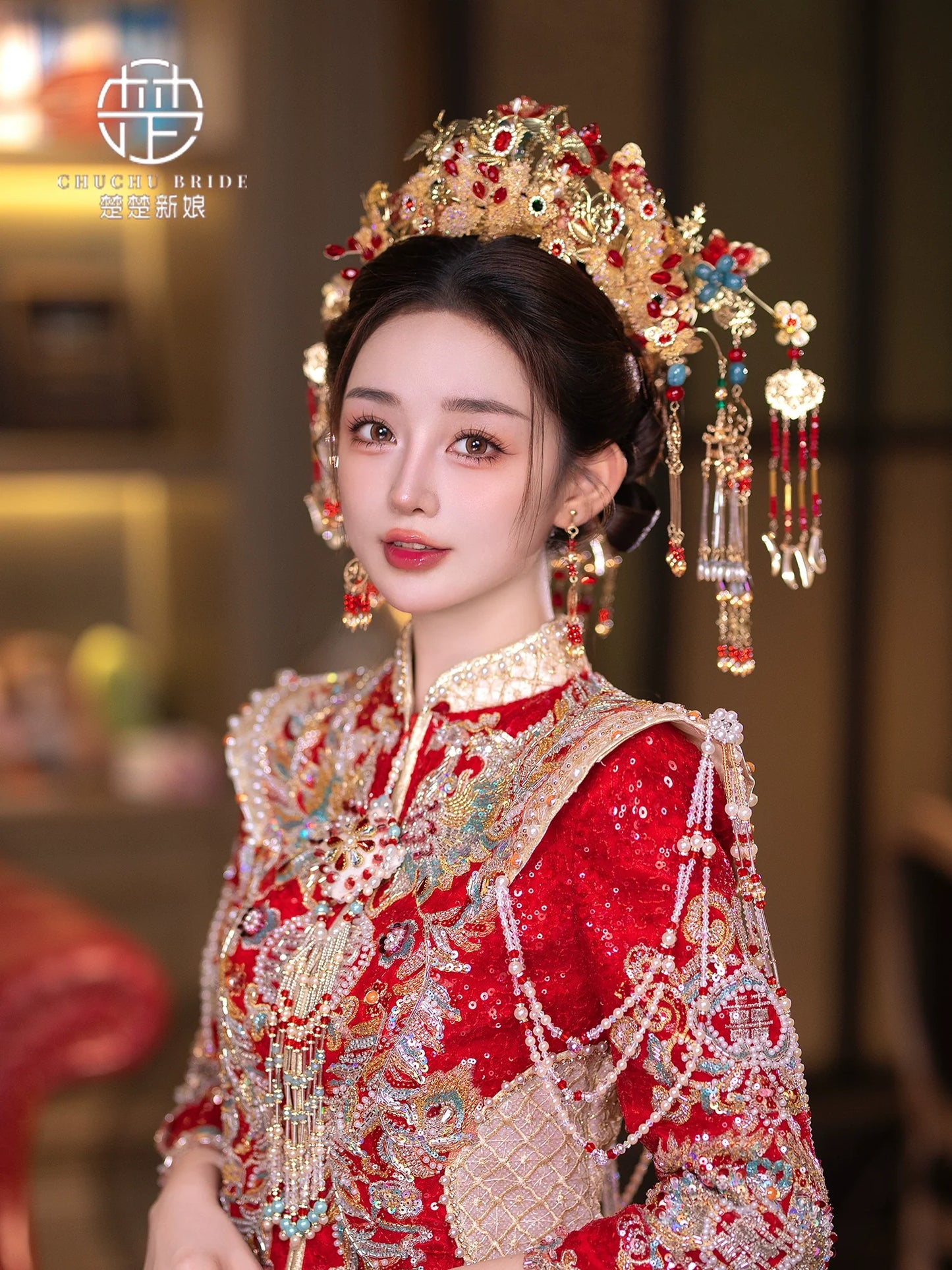 Crimson Majesty - Hanfu Crown Gold Red Luxury Bridal Phoenix Tiara for Xiuhe & Palace Hanfu Wedding Headpiece