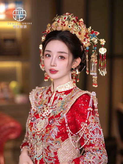 Crimson Majesty - Hanfu Crown Gold Red Luxury Bridal Phoenix Tiara for Xiuhe & Palace Hanfu Wedding Headpiece