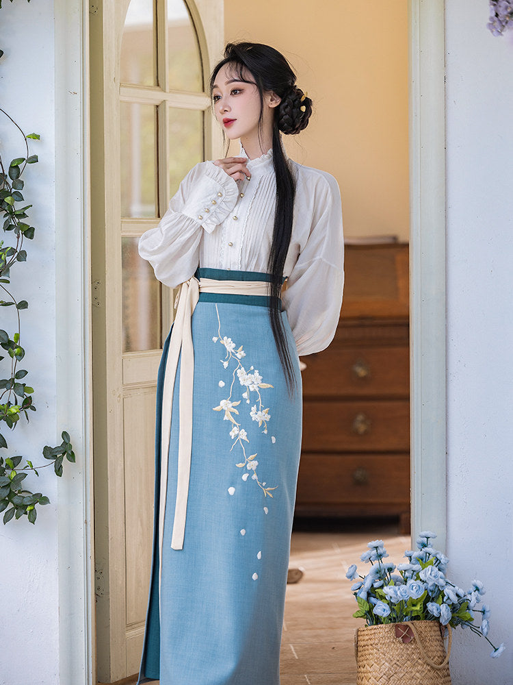 New Chinese Style Long Sleeve Shirt with Spiral Skirt and Embroidered Vest - Pear Blossoms 梨花曲 (Preorder)
