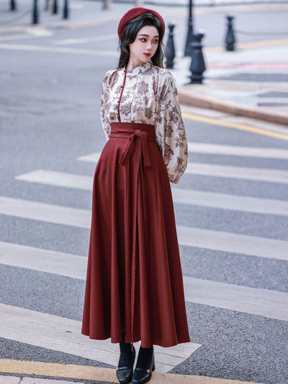 New Chinese Retro Style Long Sleeve Top and Vest with Ten Panel Wrap Skirt - Mulan 木兰 (Preorder)