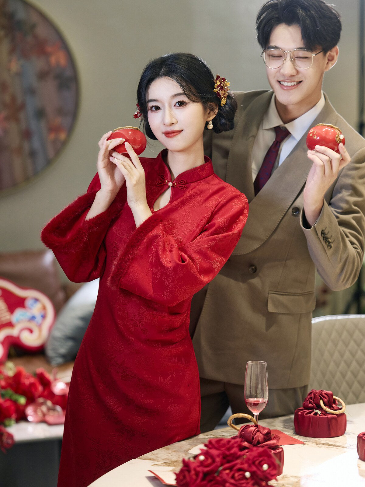 Chinese Wedding Engagement & Tea Ceremony Long Sleeve Cheongsam | Blissful Years