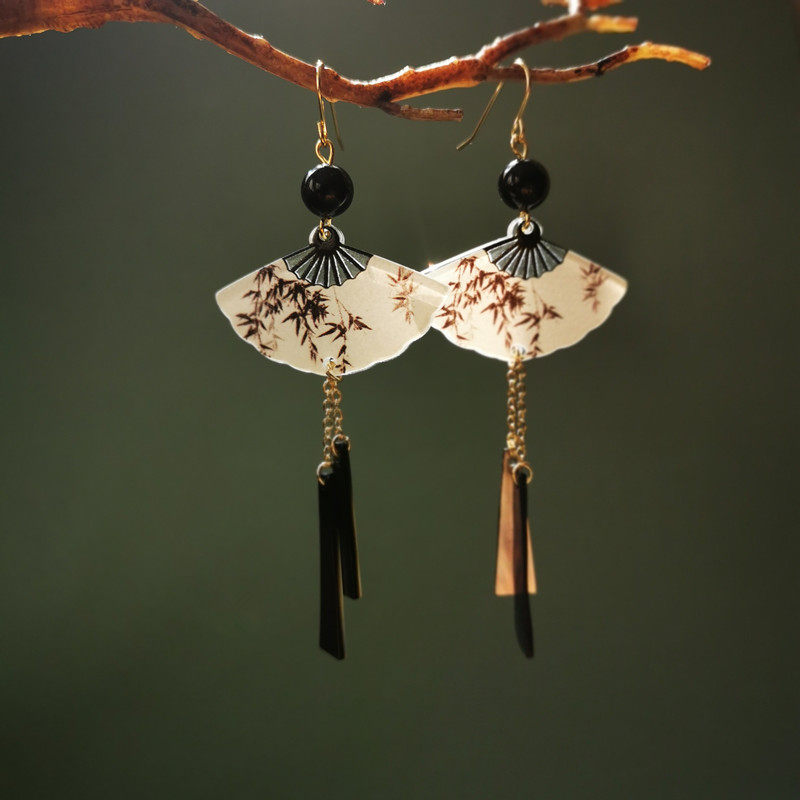 Ink Leaves Fan Shaped Earrings | Cheongsam Jewelry