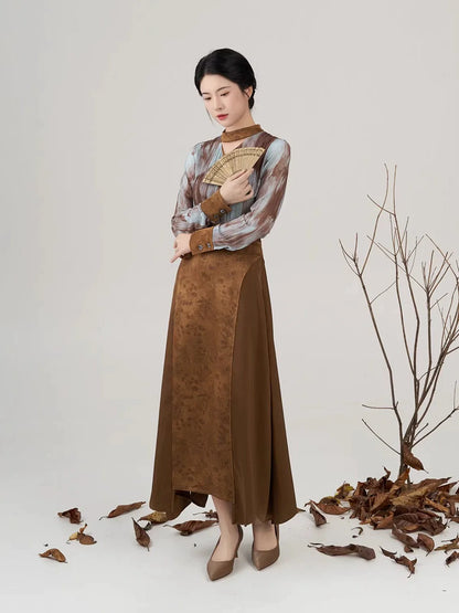 New Chinese Style Women Long Sleeve Top & Asymmetrical Hanfu Inspired Skirt - Luotong Pass 洛潼关 (Preorder)