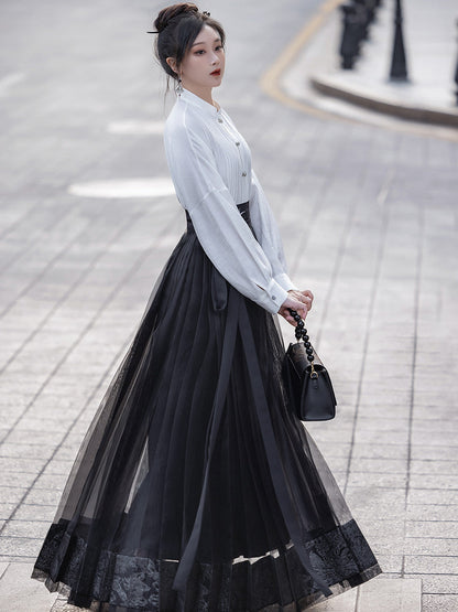 Chinese Long Sleeve Top & Sheer Mamian Skirt Outfit | Oriental Bone 东方骨
