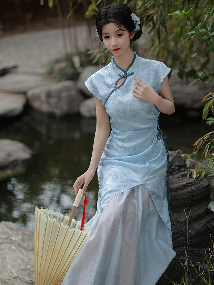 Short Sleeve A Line Long Cheongsam | Hanshuang