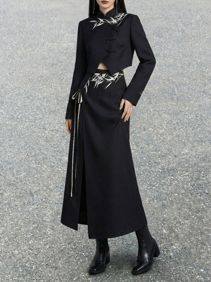 New Chinese Style Black Bamboo Leaf Print with Irregular Hem Crop Suit and Slit Skirt (Preorder)