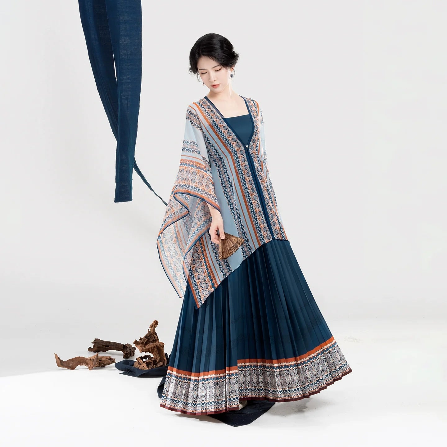 New Chinese Style Women Dong Ethnic Bird-Motif Light Blue Shawl & Pleated Slip Dress - To The Clouds 赴云端 (Preorder)