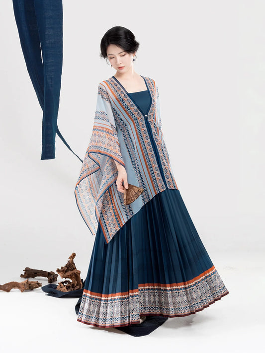 New Chinese Style Women Dong Ethnic Bird-Motif Light Blue Shawl & Pleated Slip Dress - To The Clouds 赴云端 (Preorder)