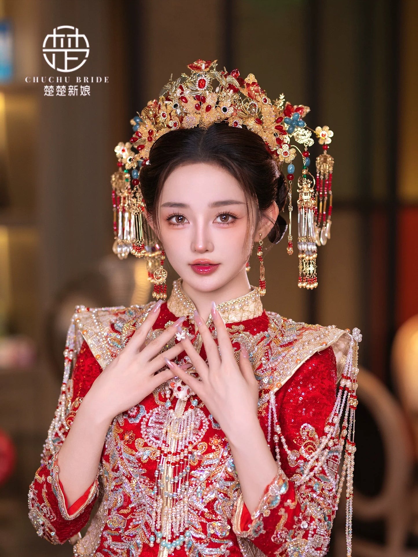 Crimson Majesty - Hanfu Crown Gold Red Luxury Bridal Phoenix Tiara for Xiuhe & Palace Hanfu Wedding Headpiece