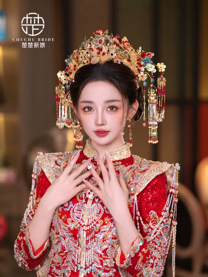 Crimson Majesty - Hanfu Crown Gold Red Luxury Bridal Phoenix Tiara for Xiuhe & Palace Hanfu Wedding Headpiece