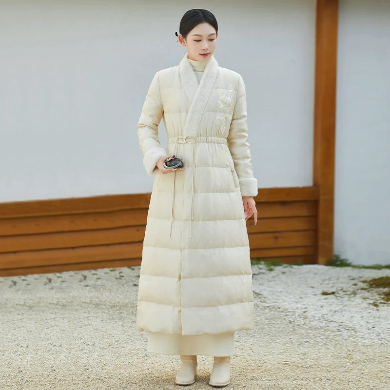 Han Shunning 寒霜吟 - Chinese Style Women Long Winter Coat, 90% White Duck Down, Lightweight Warm Hanfu Outerwear