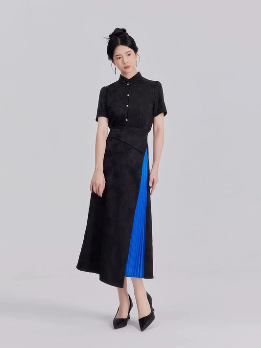 New Chinese Style Women Cropped Jacquard Shirt & Asymmetrical A-Line Skirt - Nocturne 静夜曲 (Preorder)