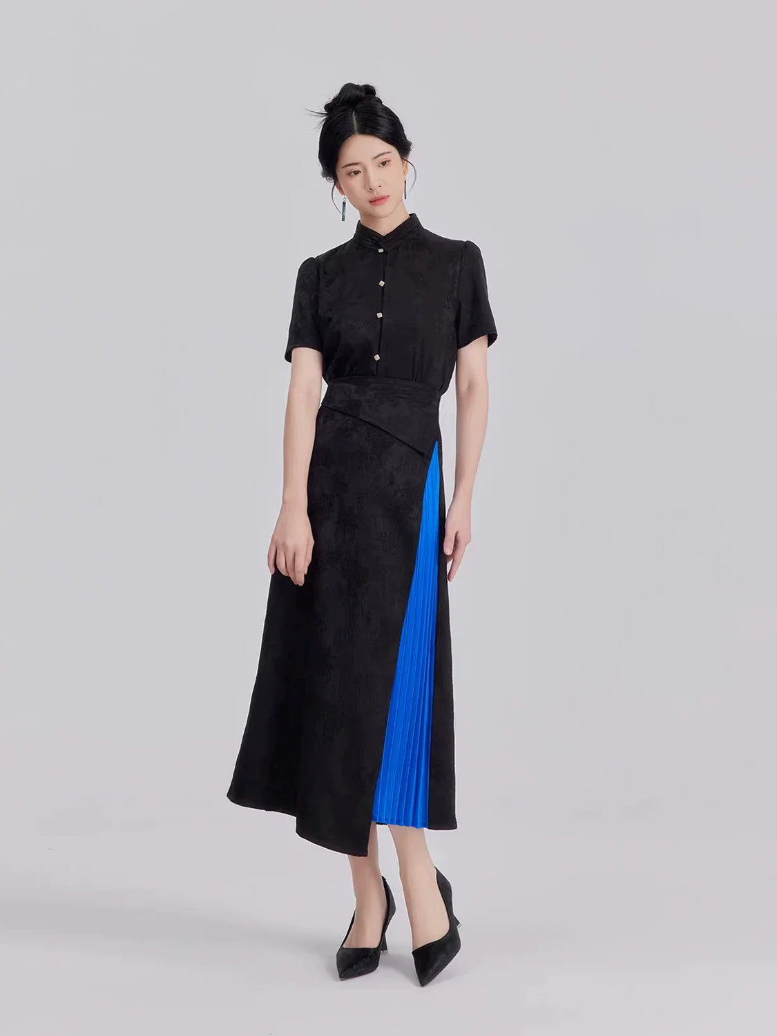 New Chinese Style Women Cropped Jacquard Shirt & Asymmetrical A-Line Skirt - Nocturne 静夜曲 (Preorder)