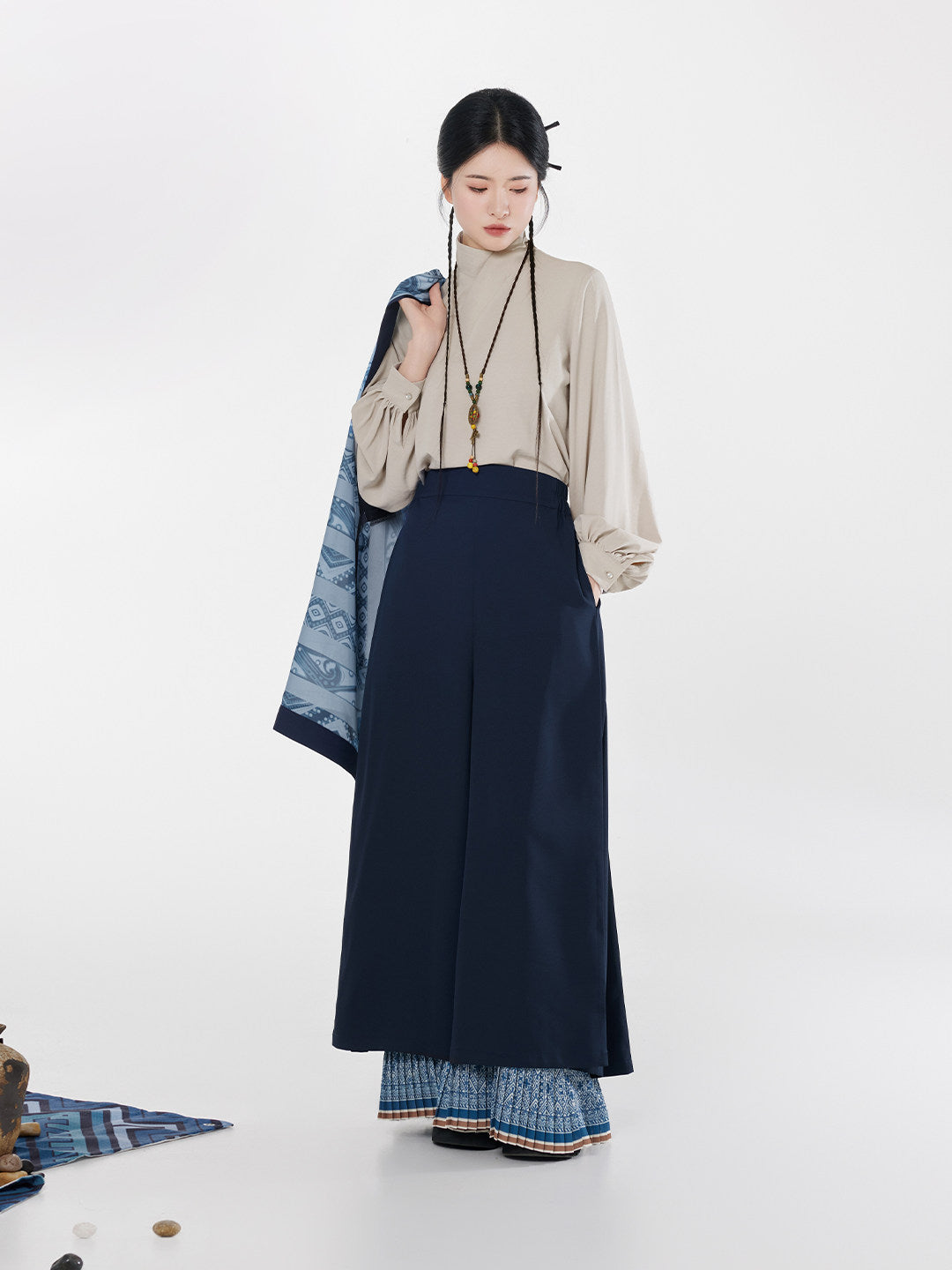 Wang Yun Shan | Modern Chinese Pleated Jacket and Wide Leg Pants Set