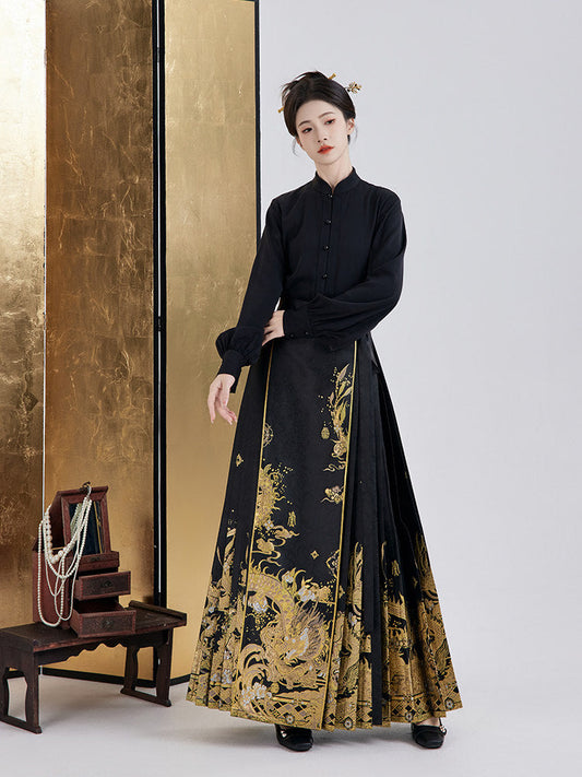 Ming Dynasty Modern Long Sleeve Top and Mamianqun - Midnight Longyin 龙吟夜