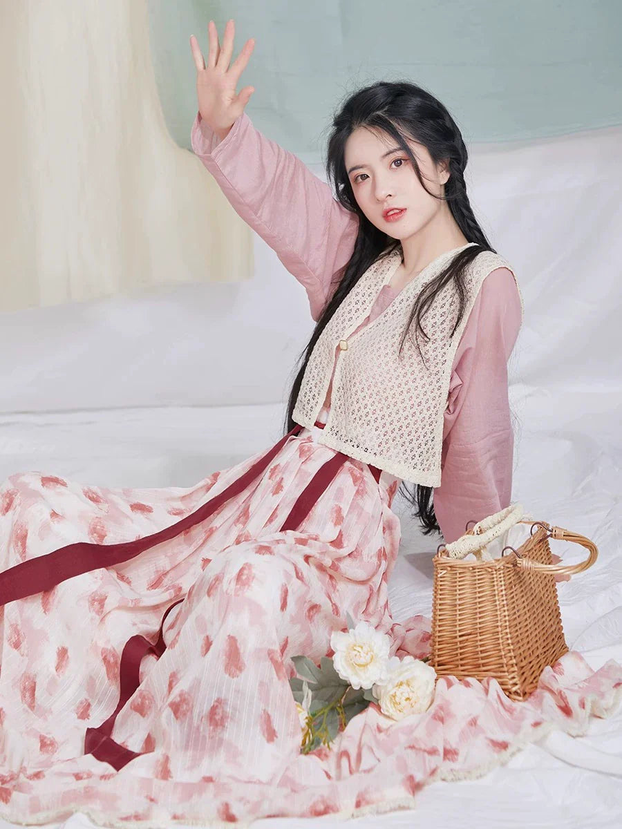Tang Dynasty Modern Hanfu Set with Beizi Overlay & Pleated Wrap Skirt - Raspberry 树莓 (Preorder)