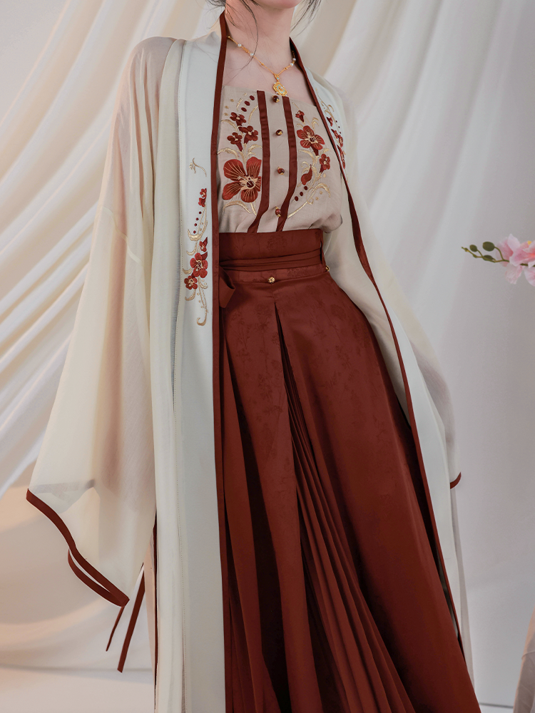 Song Dynasty Modern Hanfu Changgan Temple Beizi and Wrap Skirt - Crimson Cup 赤玉盏 (Preorder)
