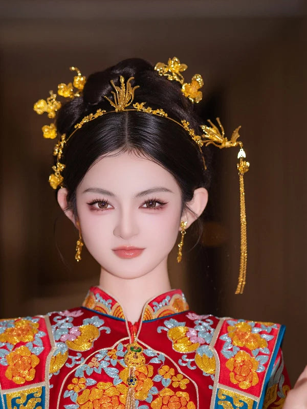 Glimmer of Red Blossoms - Gold Phoenix Bridal Hairband and Hairpin Minimalist Chinese Wedding Accessories