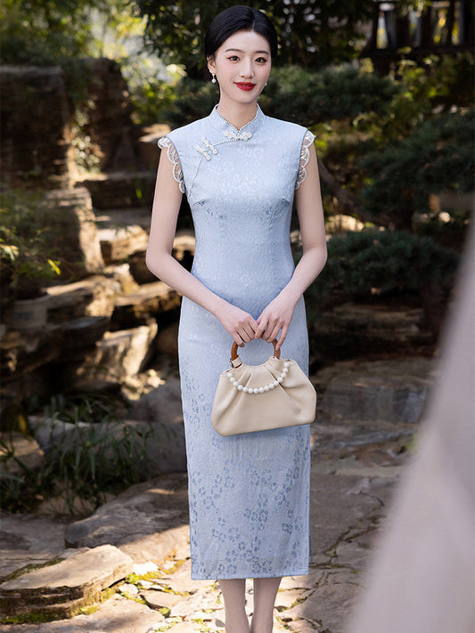 Theodore sleeveless floral long cheongsam qipao — detail view