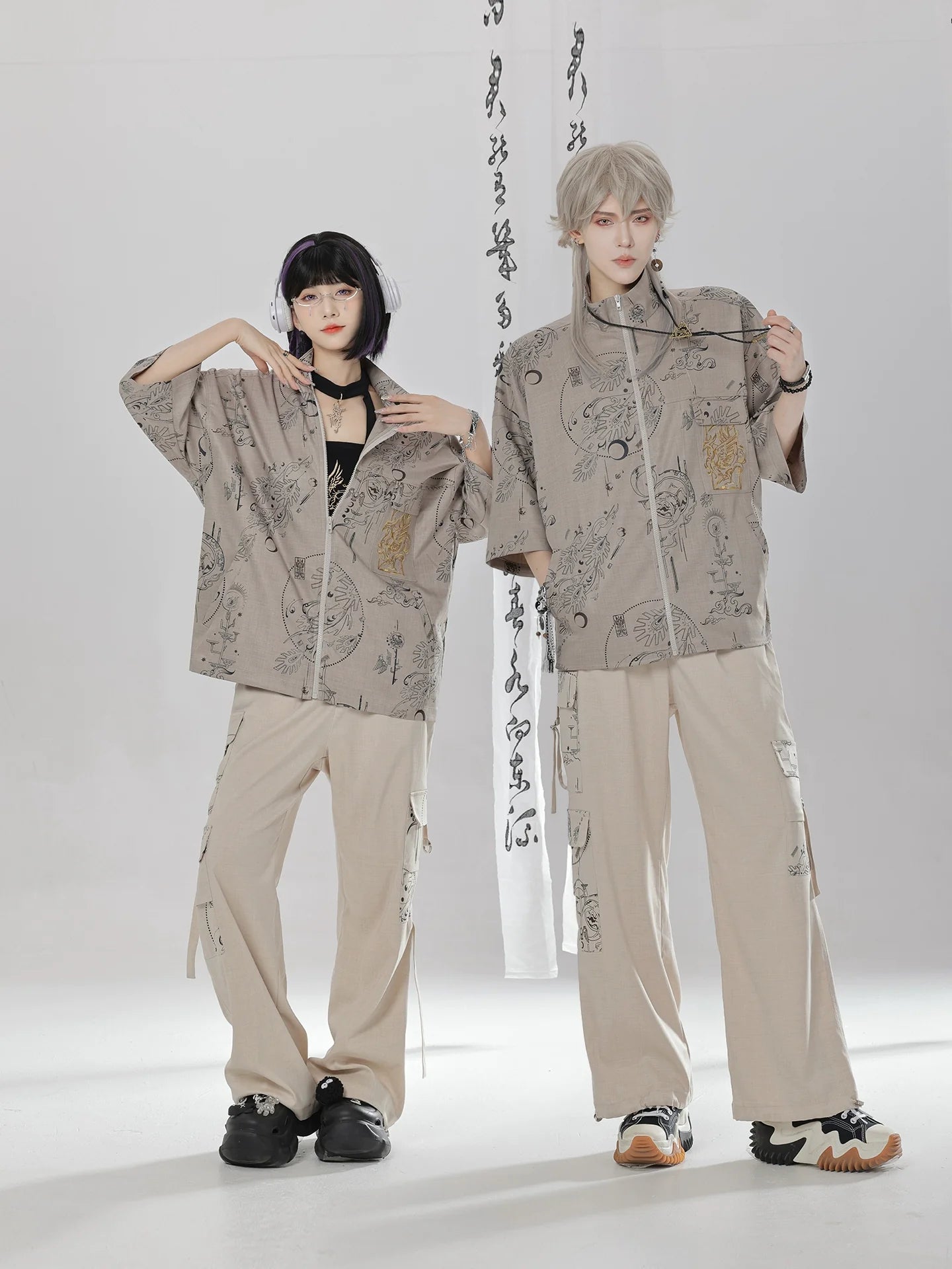 Sand Dunes - New Chinese Style Zipper Short Sleeve Shirt Overalls Cargo Pants