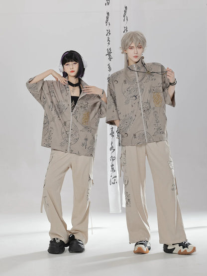 Sand Dunes - New Chinese Style Zipper Short Sleeve Shirt Overalls Cargo Pants