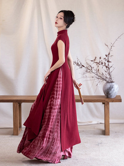 Qipao Style Slit Ao Dai Tie-Dye Dress - Crimson 绯色 (Preorder)