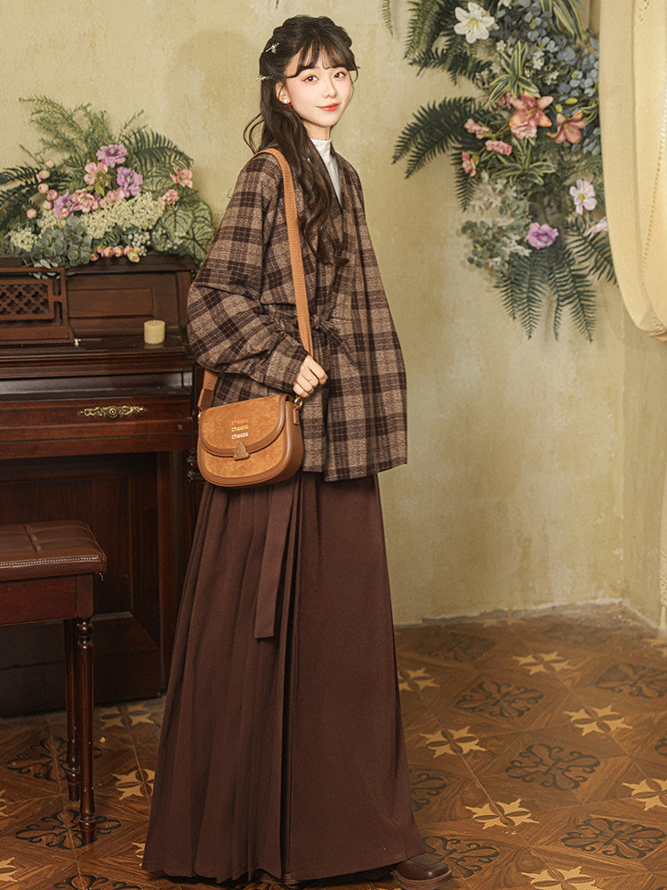 Modern Hanfu Cross Collar Plaid Jacket for Autumn and Winter - Warm Sun 暖阳