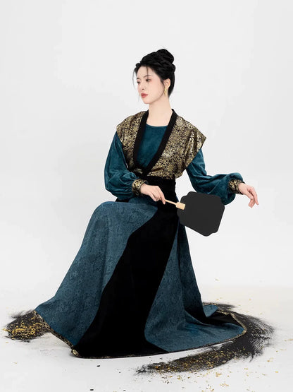 Tang Dynasty Modern Hanfu Set with Beizi Overlay & Flowing Eight-Panel Skirt - Song of Mulan 木兰颂 (Preorder)
