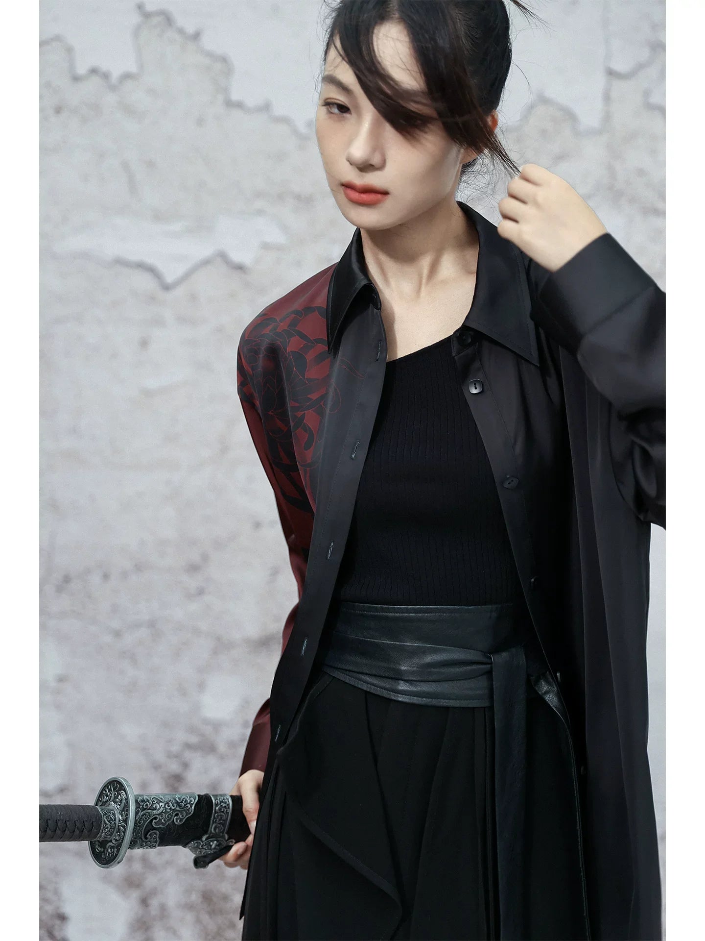 New Chinese Style Dark Satin Black and Red Chrysanthemum Printed Long Sleeve Top - Nine Autumn Guest 九秋客