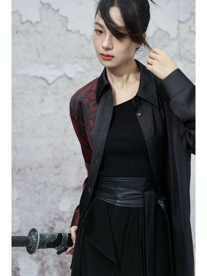 New Chinese Style Dark Satin Black and Red Chrysanthemum Printed Long Sleeve Top - Nine Autumn Guest 九秋客
