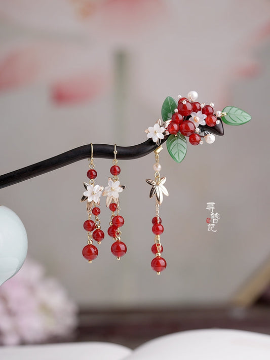 Hair Pin & Earrings: Red Beans