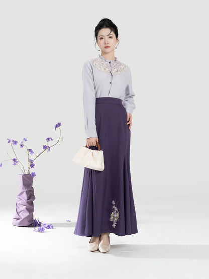 New Chinese Style Women Purple Embroidered Blouse with Fitted Mermaid Skirt - Xianglan 雪香兰 (Preorder)