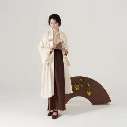 Song Dynasty Modern Hanfu Set with Winged Sleeve Top and Spiral Skirt - Wood Hibiscus 木芙蓉 (Preorder)