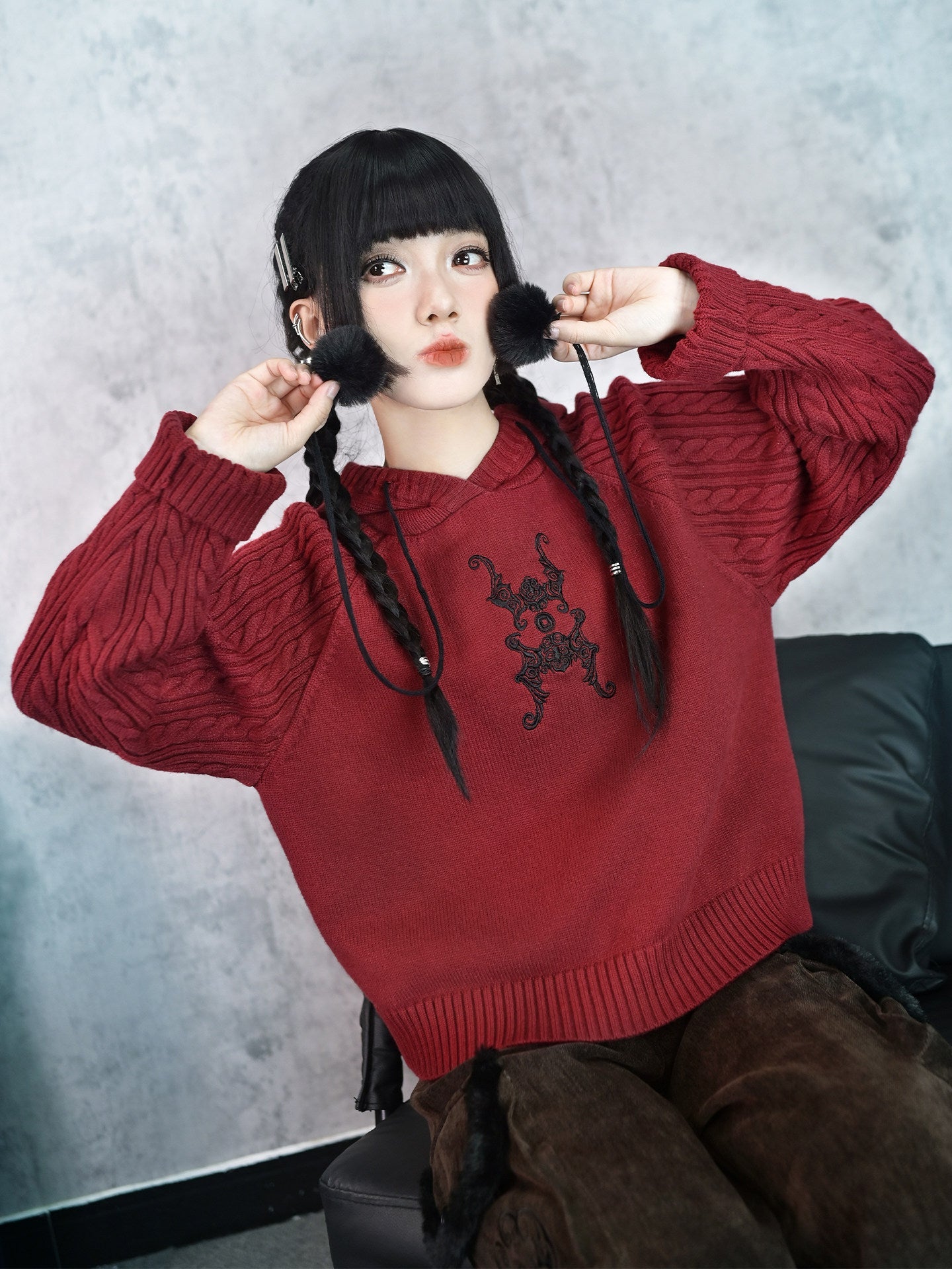 New Chinese Style Embroidery Red Cropped Hooded Sweater - Lucky Bat 福蝠