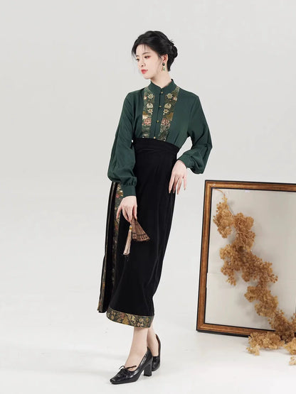 Song Dynasty Modern Hanfu Set with Long Sleeve Top and Spiral Skirt - Huayi 花溢 (Preorder)