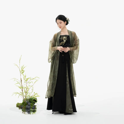 Song Dynasty Modern Hanfu Set with Changgan Temple Beizi and Three Pleat Slip Dress - Bamboo Shadow 竹影纱 (Preorder)