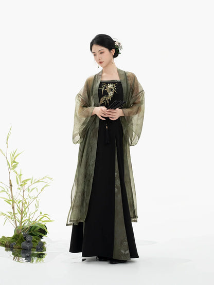 Song Dynasty Modern Hanfu Set with Changgan Temple Beizi and Three Pleat Slip Dress - Bamboo Shadow 竹影纱 (Preorder)