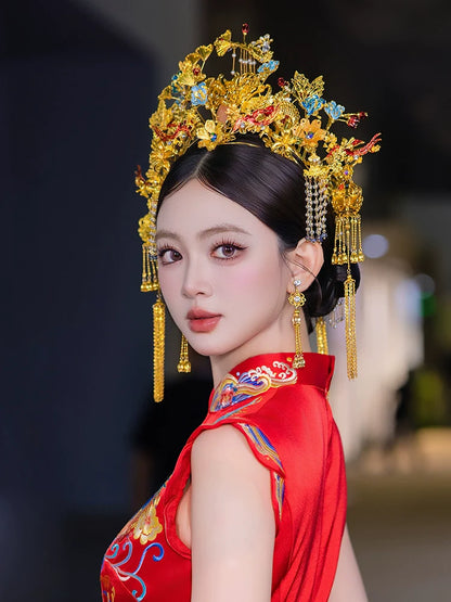 Red Phoenix - Luxury Crown Bridal Headpiece Red and Blue Gem Accent with Gold Tassels for Chinese Wedding Qipao