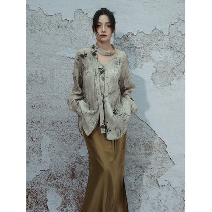 New Chinese Style Vintage Ink Butterfly Shadow V-Neck Shirt