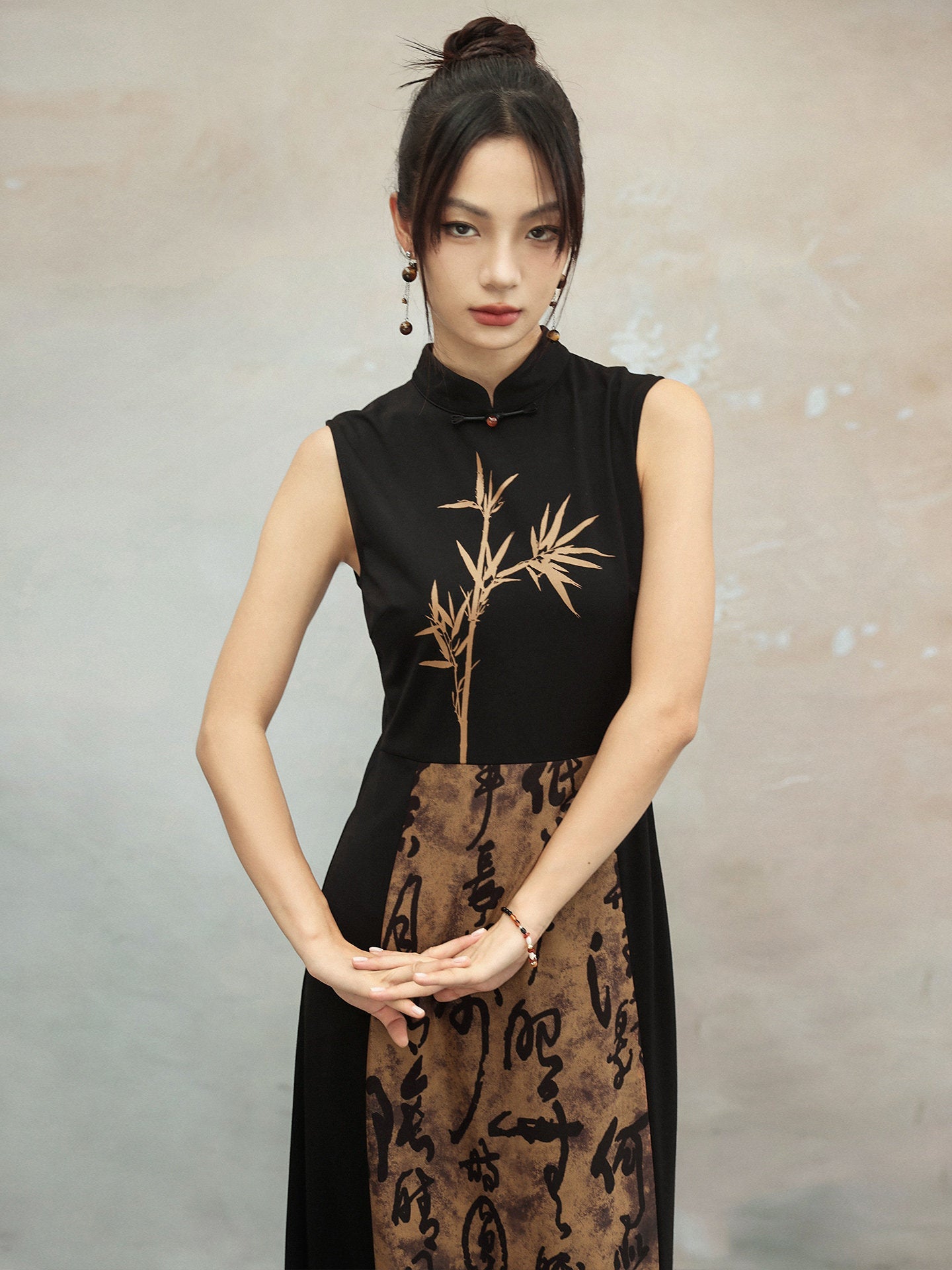New Chinese Style Retro Bamboo Leaf Calligraphy Print Contrast Cheongsam Dress