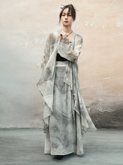 New Chinese Style Light and Breathable Graphite Texture Print Long Cardigan