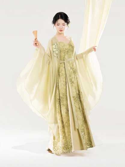 New Chinese Style Women Gradient Embroidered Wide-Sleeve Cape & Pleated Slip Dress - Camellia Water 山茶煮水 (Preorder)