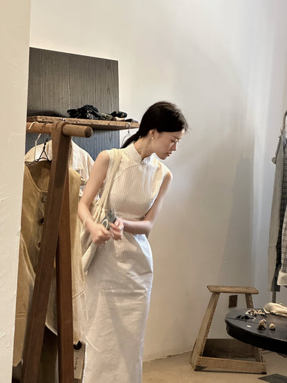 Sleeveless Stripe Long Cheongsam | Chizao